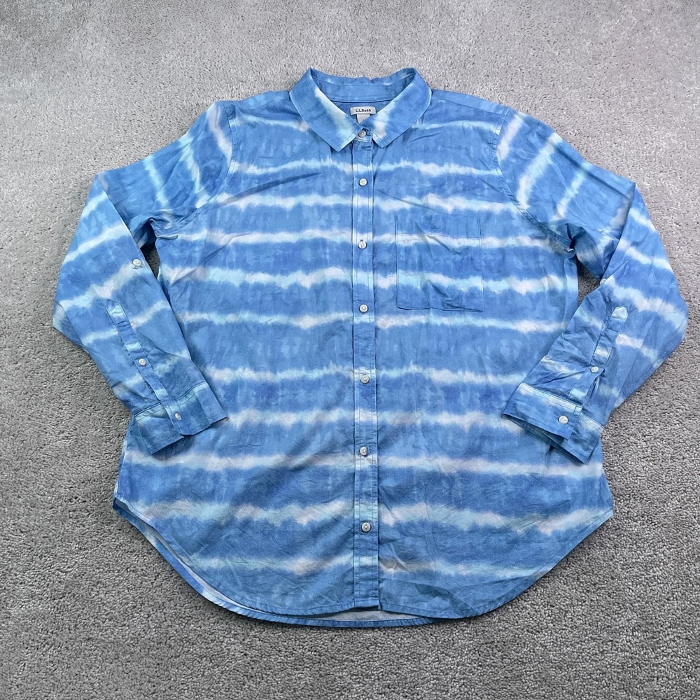 LL Bean Top Womens Large Blue Tie Dye Stripes Organic Cotton Button Up Roll Tab‎